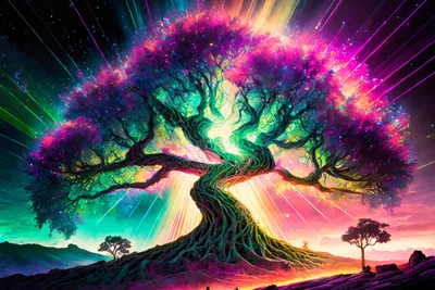 Firefly Image 2によって生成された画像: 受賞歴のあるアート、光線とエネルギーでできた枝分かれした木、劇的、インパクトのある、カラフル、高解像度、4k UHD