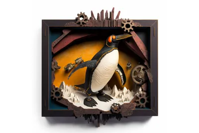 Midjourneyで生成された画像: LinuxのペンギンがRustプログラミング言語のカニと遊んでいる、南極、レイヤードペーパーアート、ジオラマ、シャドウボックス、ボリュメトリックライティング --v 4