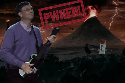 A composition of Bill Gates playing Guitar Hero in Mordor after being pwned by AdeS juice